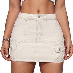 WDIRARA Women's Denim Drop Waist Mini Pencil Skirt with Pockets, beige size Med.